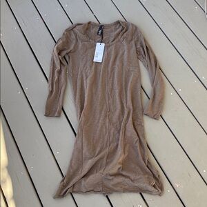 bobi olive tree long sleeve midi dress with raw edge